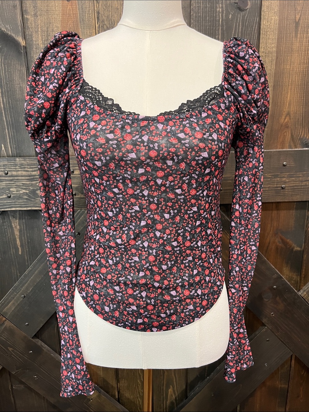 Anthropologie Maeve Lace Trim Mutton Sleeve Mesh Floral Top S Black Multi Boho